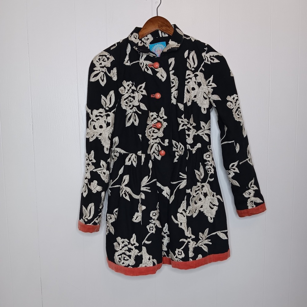 Plenty by Tracy Reese Phlox Coral Embroidered Jacket 0 Black White Boho Feminine